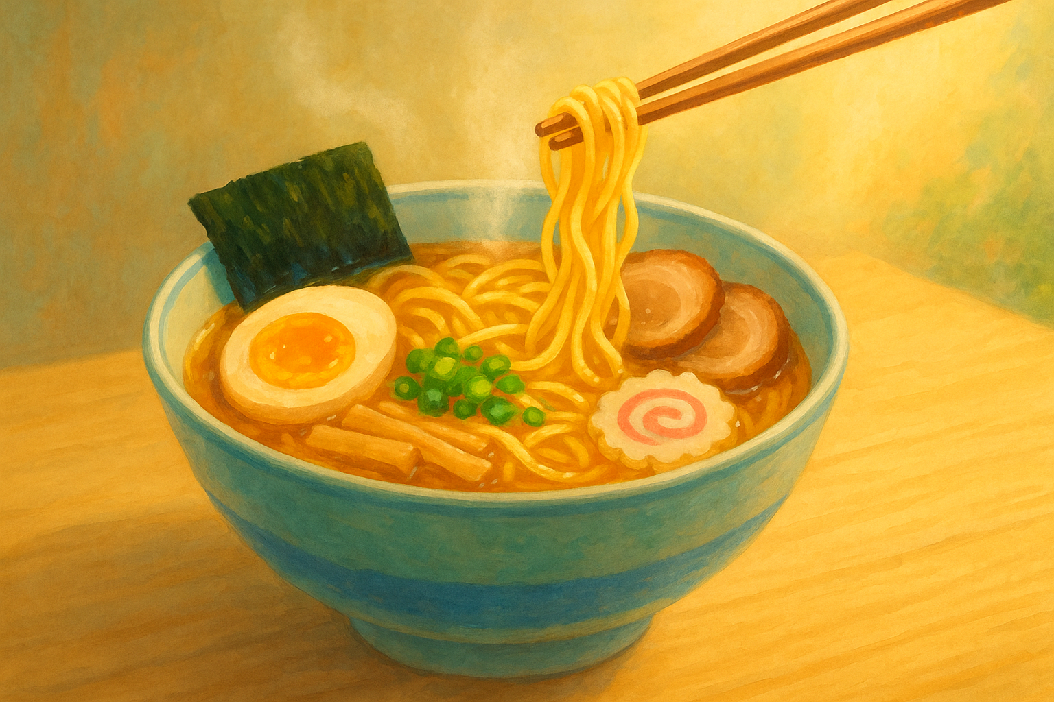 Steaming ramen bowl on a wooden table with egg, chashu, nori, scallions and narutomaki, in daylight.